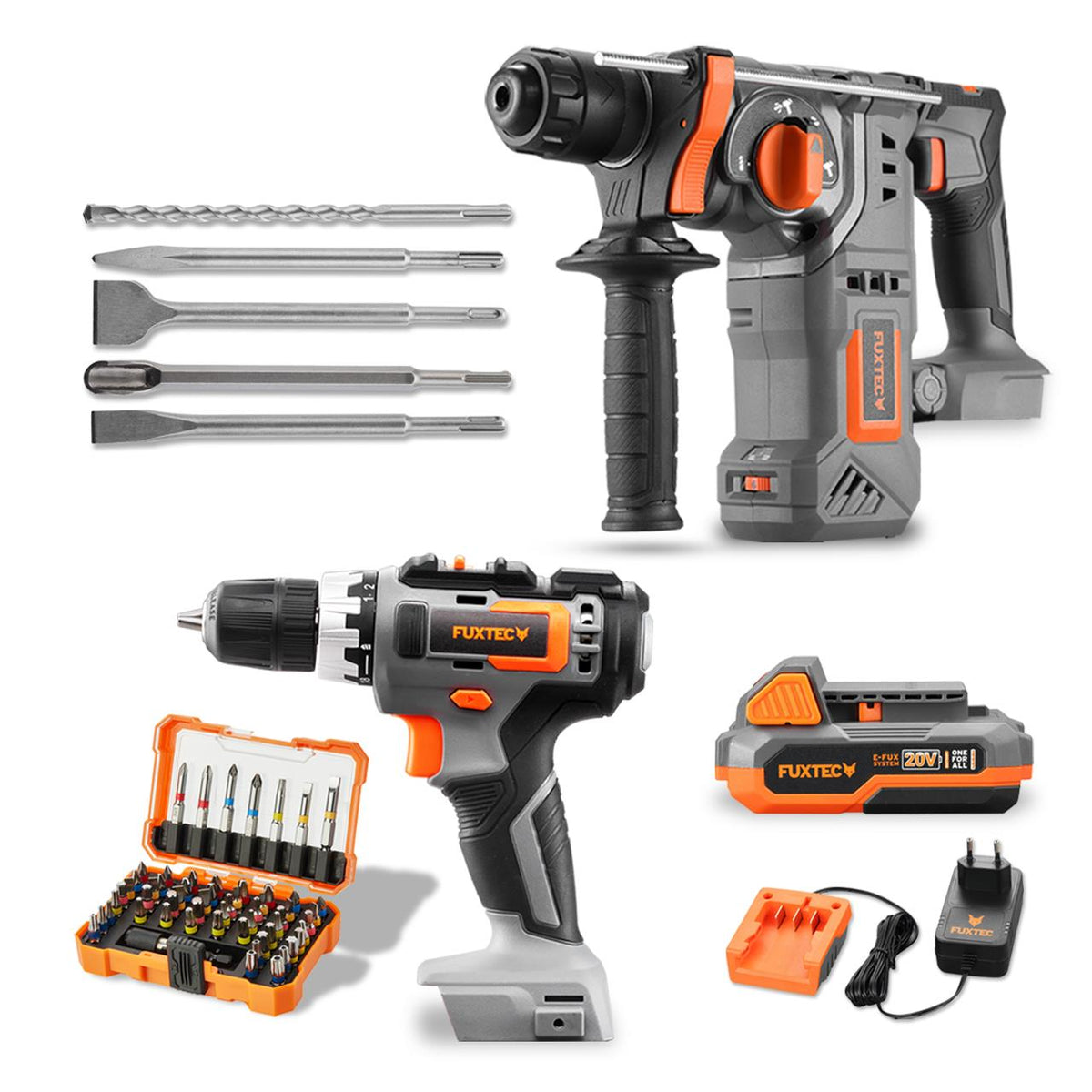 FUXTEC - Kit PowerTool 20V sans fil avec visseuse sans fil et marteau perforateur